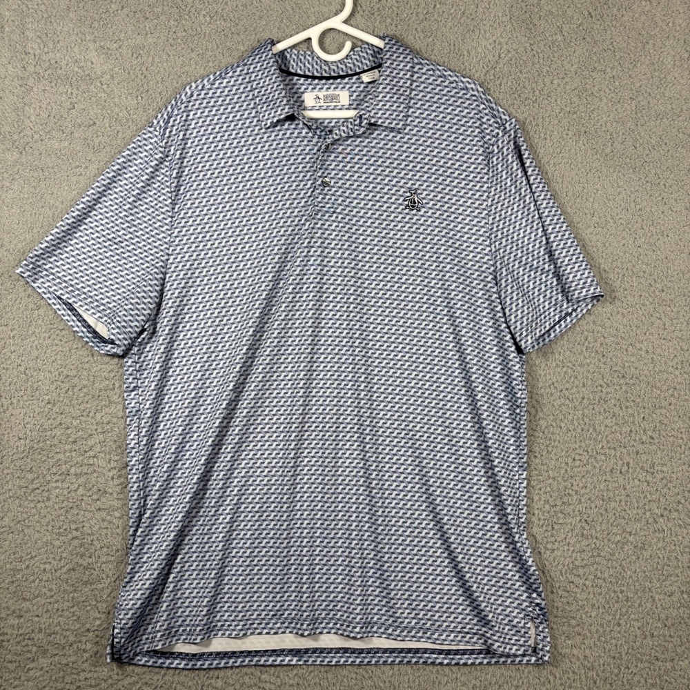 Original Penguin Polo Men XL Blue Geometric Munsingwear Short Sleeve Stretch